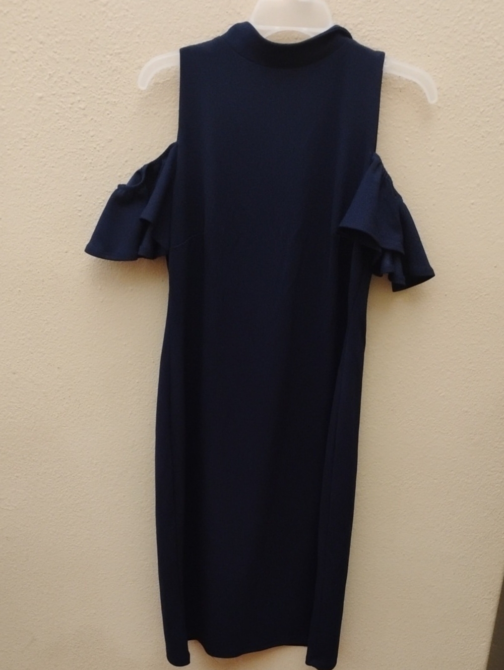 New York & Company Navy Cold-Shoulder Midi Dress with Ruffle Sleeves